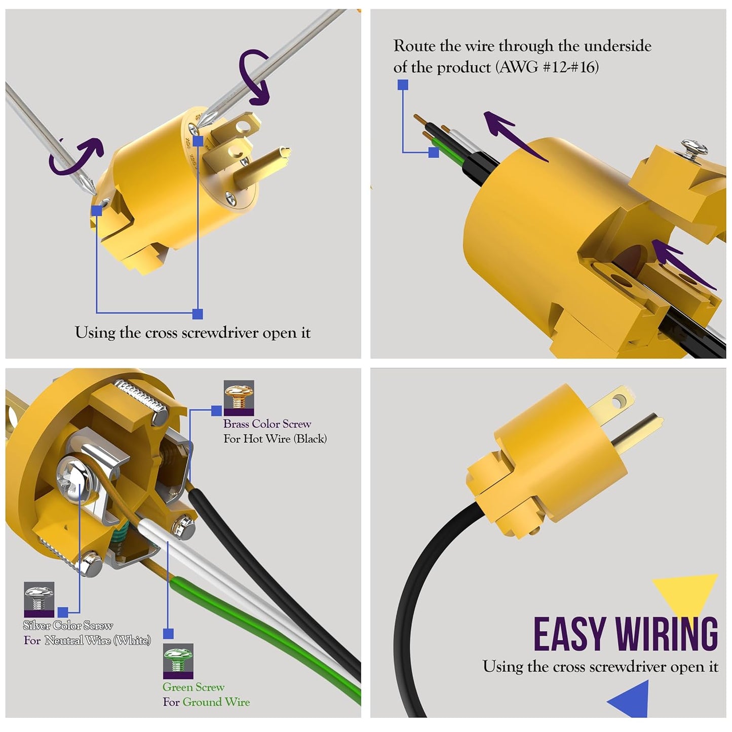ENERLITES Electrical Replacement Plug & Connector Set, Extension Cord Ends Male and Female, 15 Amp 125 Volt, Straight Blade Plug Grounding Type, NEMA 5-15P & 5-15R, UL Listed, 66202-Y, Yellow