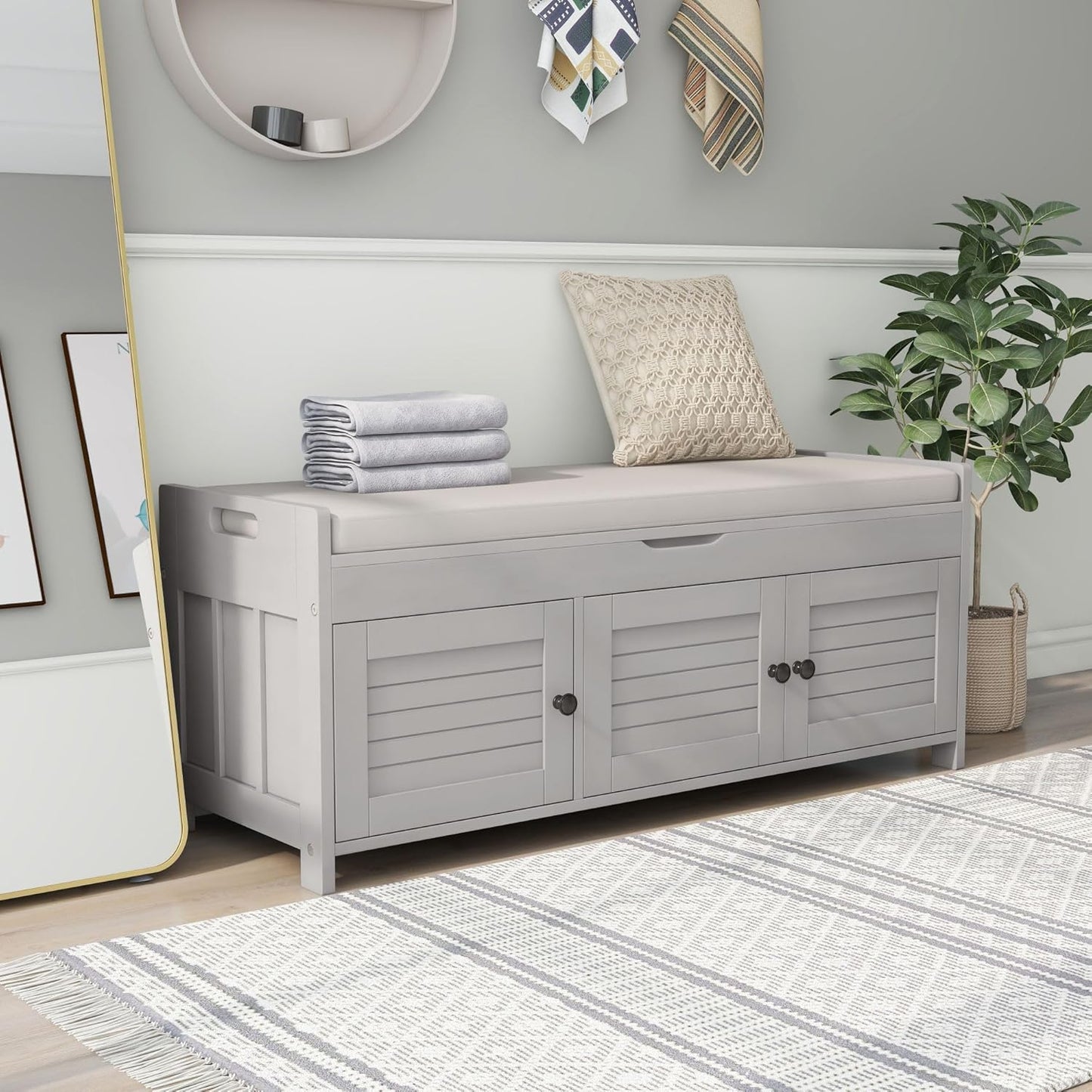 Wood Storage Bench 3 Shutter-Shaped Doors,Multifunction Shoebox,W/ 2 Size and Removable Cushion & Hidden Savings Space,for Entryway,Bedroom,Living Room,Gray Wash