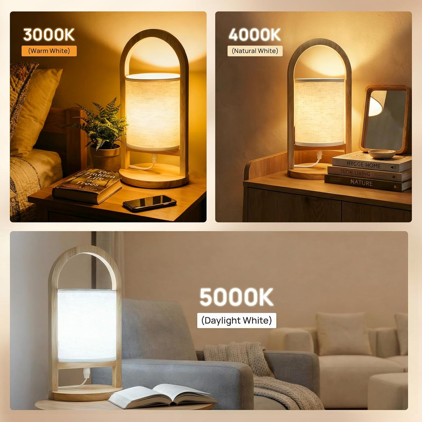 Small Table Lamp with Handle, 3 Color Temperature Bedside Lamp for Bedroom, Wood Base with Linen Shade, Portable Modern Nightstand Lamp for Living Room, Office & Dorm (LED Bulb Included)