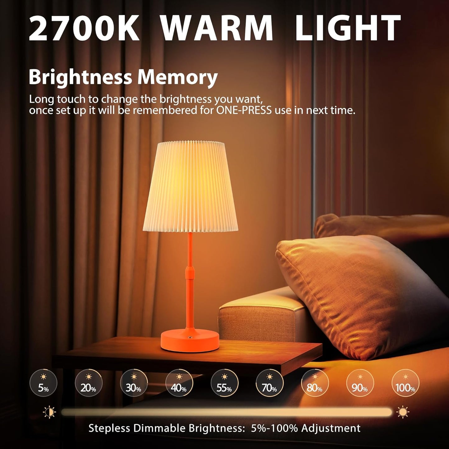 Cordless Table Lamp,5200mAh Rechargeable Table lamp with Stepless Dimming & Adjustable Height,Touch Lamps for nightstand with 2 Bulbs for Bedroom, Dining Table, Kitchen(Orange)