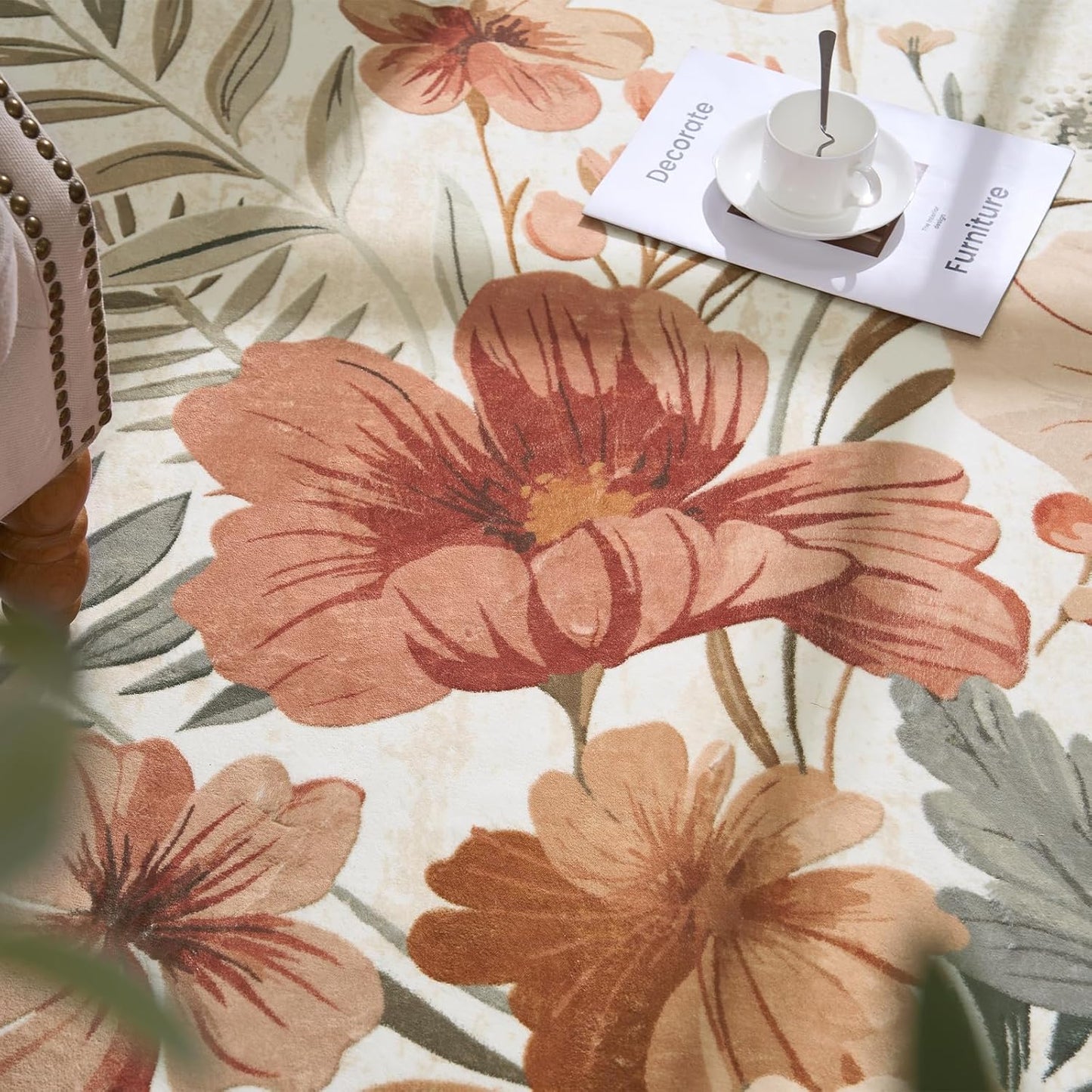 jinchan Renouveau Floral Round Rug 5ft Area Rug Indoor Circle 5' Round Washable Modern Oriental Flower Print Non Slip Carpet for Living Room Dining Room Bedroom Entryway Office Decor Pink/Grey