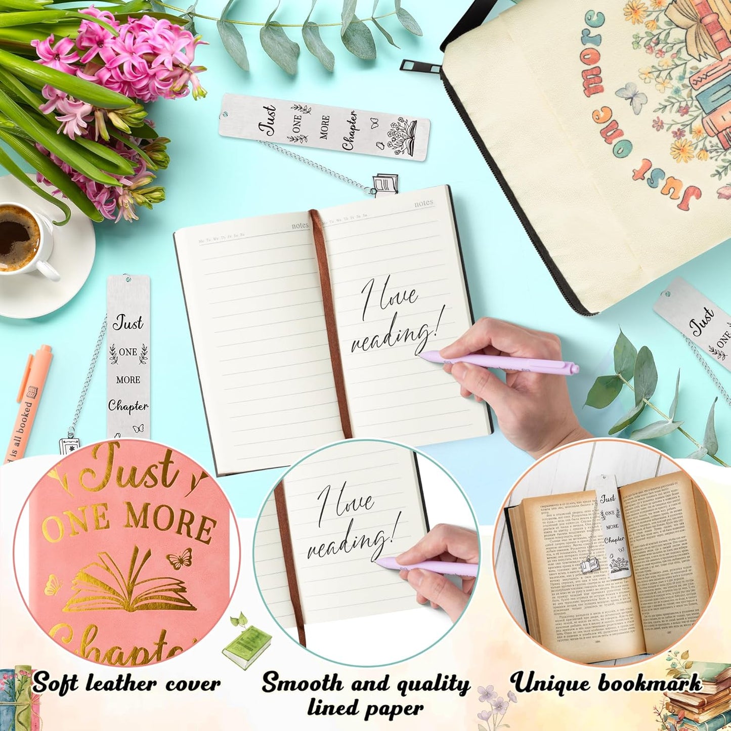 K1tpde Book Lover Gift for Women - 9PCS Retro Wildflower Bookworm Gift Set Canvas Tote Bag, Book Cover Sleeve, Notebook, Ballpoint Pen and Bookmark, Birthday Bookish Present Book Accessories for Women