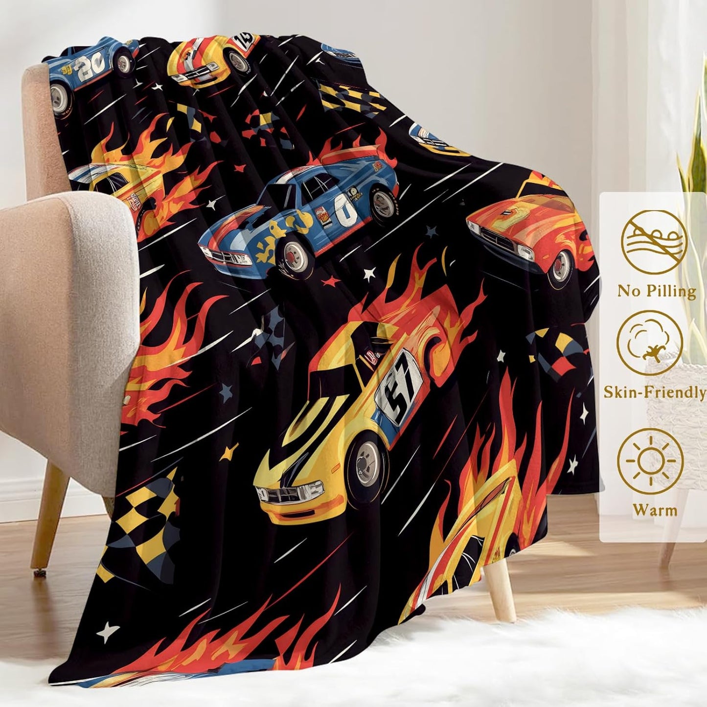 Race Car Flannel Blanket - Dynamic Racing Track Design with Colorful Speeding Cars and Flames Throw - Ultra-Soft Cozy Gifts Blankets for Game Lovers, Kids, Boys,Action-Packed Decor 50x60in