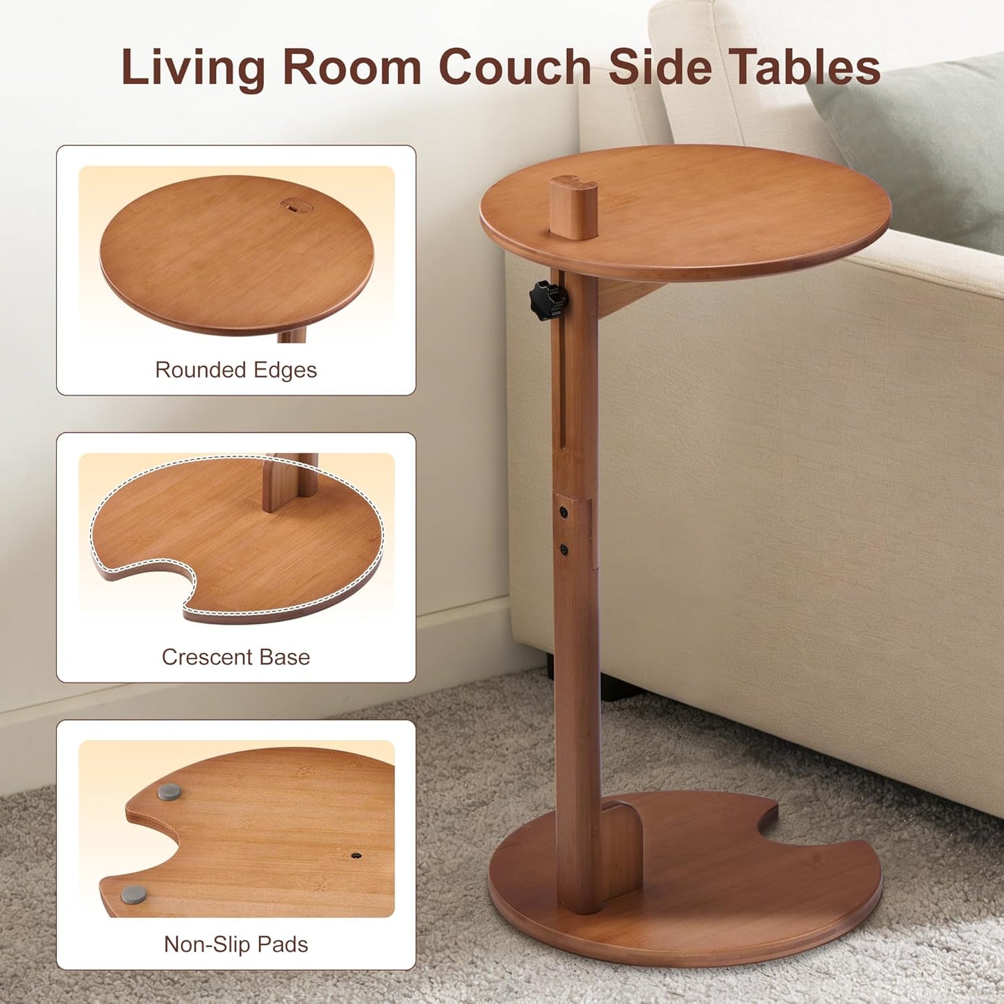 Bamboo C Shaped TV Tray Table, 18-26" Height Adjustable Round Side Table, Slide Under Couch End Table Laptop Desk for Small Spaces Living Room Bedroom (Walnut)