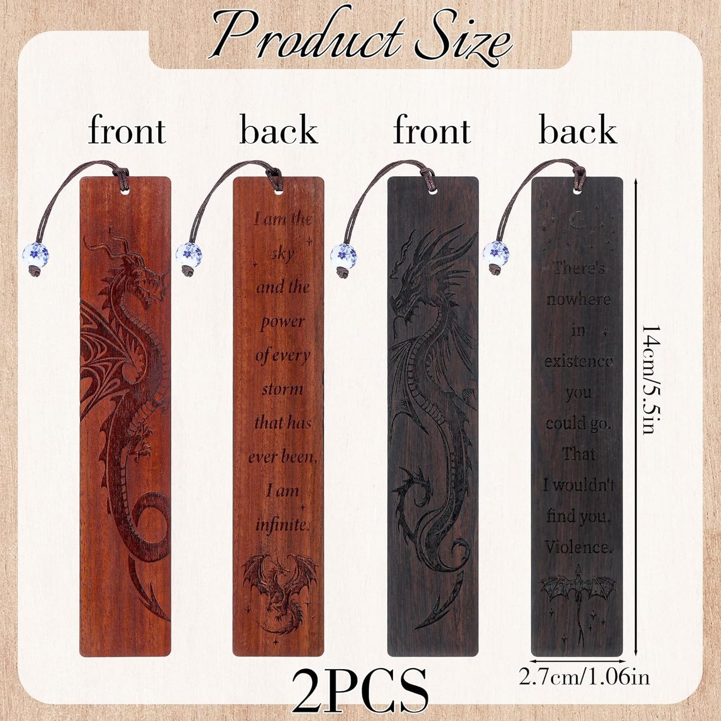 Dragon Wooden Bookmark Gifts - 2 Pcs Fantasy Fourth Bookmarks for Men Book Lovers Novel Fans Adults Kids Cool Wing Page Markers School Reading Accessories Bookish Gift for Birthday Graduation