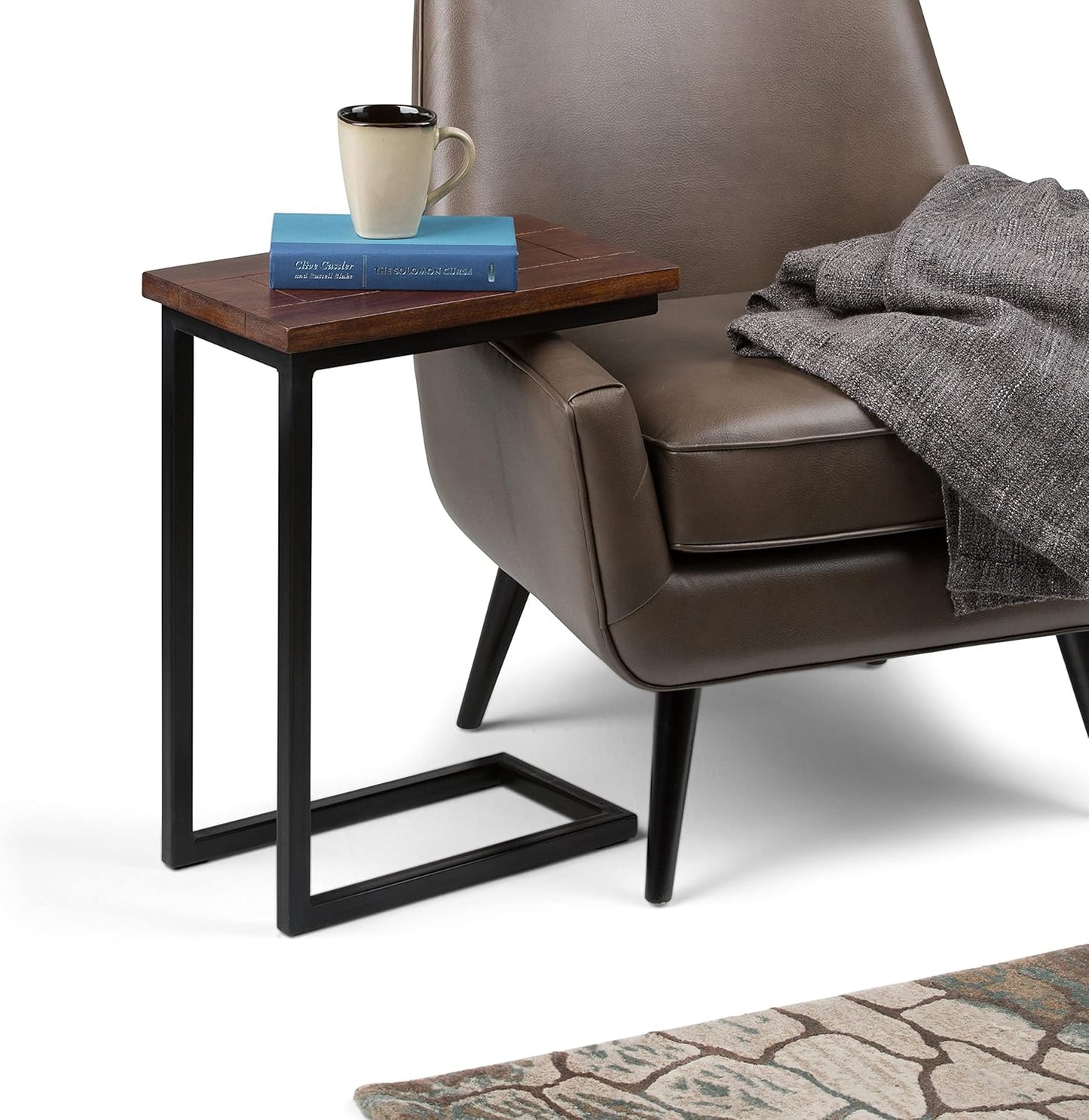 SIMPLIHOME Skyler C-Side Table - 18 inch Wide Solid Mango Wood and Metal Slide-Under Table in Dark Cognac Brown, Industrial Accent Table or End Table for Living Room with Open Frame Design, Assembled