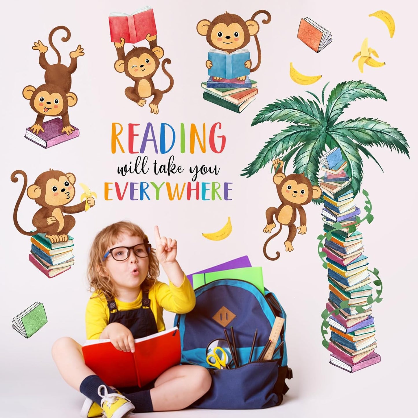 Mfault Monkey Reading Book Wall Decals Stickers, Reading Will Take You Everywhere Nursery Classroom Decorations Bedroom Art, Jungle Animal Inspirational Neutral Toddlers Kids Room Reading Corner Decor