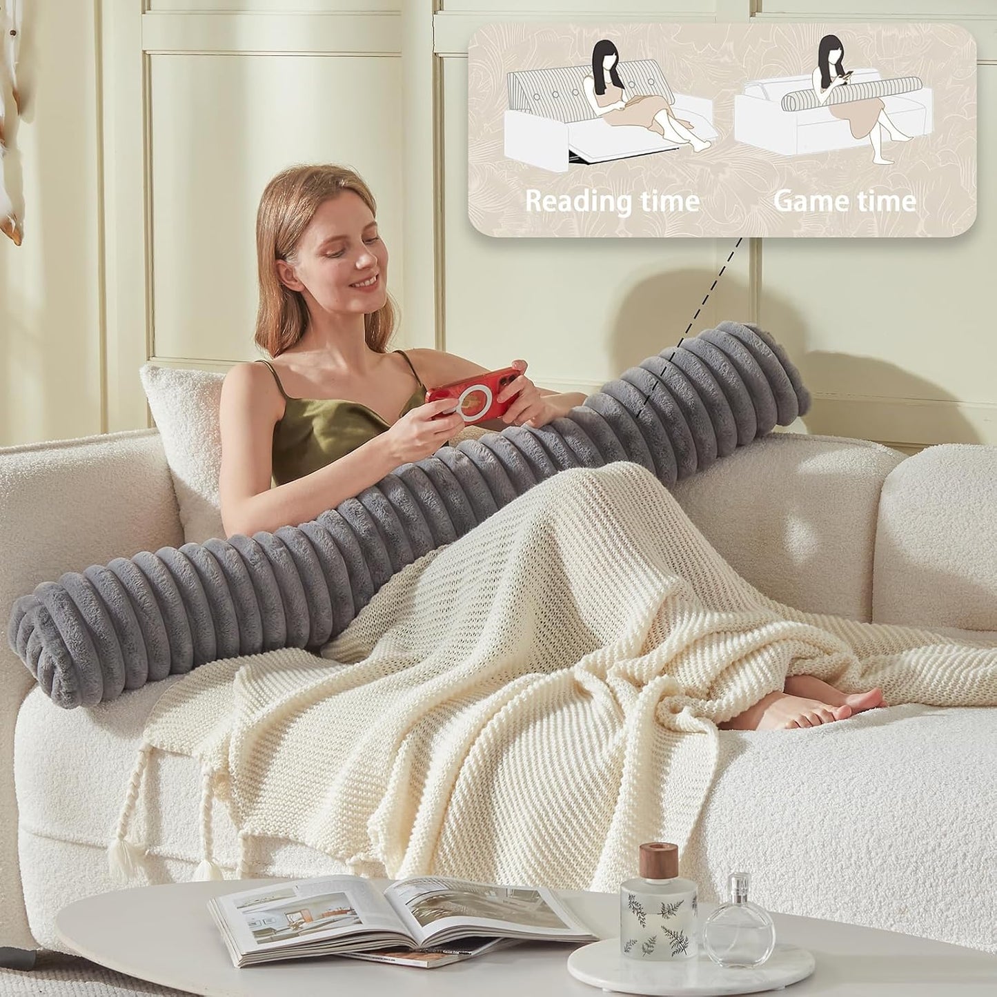 Headboard Pillow + A Long Neck Roll Pillow Body Pillow，Faux Fur Headboard Wedge Pillow with Removable Cover (Gray, Queen：59x8x20 inches)