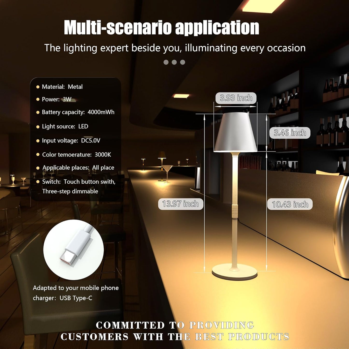 Modern LED Cordless Table Lamp, 4000mAh Rechargeable Battery, 3 Level Brightness Night Light, Metal Shell, Minimalist Design, for Couples Dinner/Coffee Table/Restaurant/Bedroom, White