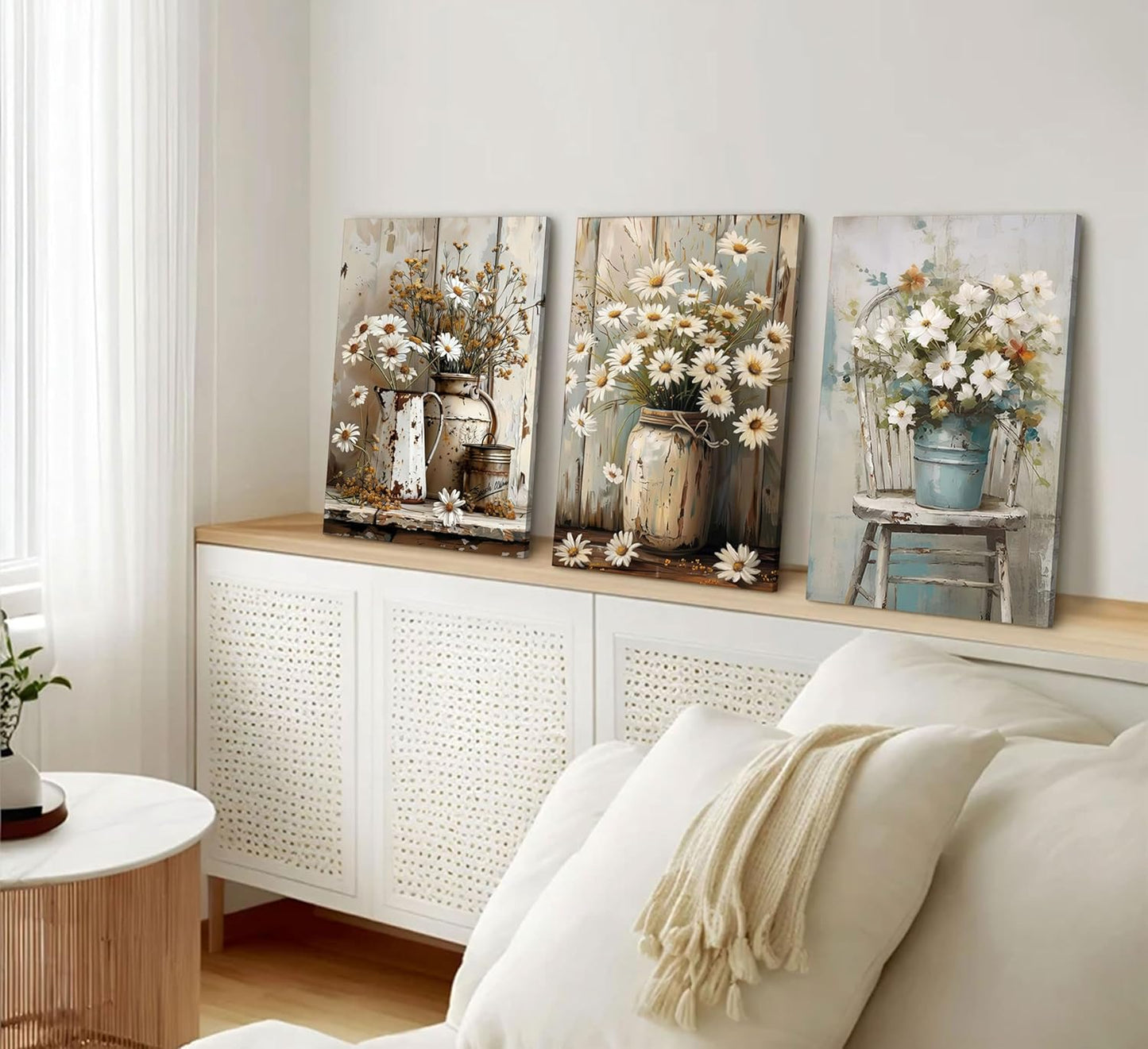 3Pcs Rustic Farmhouse Floral Canvas Wall Art Elegant White Daisy Poster Prints Vintage Country Floral Picture Wood Grain Painting Artwork Pastoral Wall Decor for Bedroom Living Room 16x24in Framed
