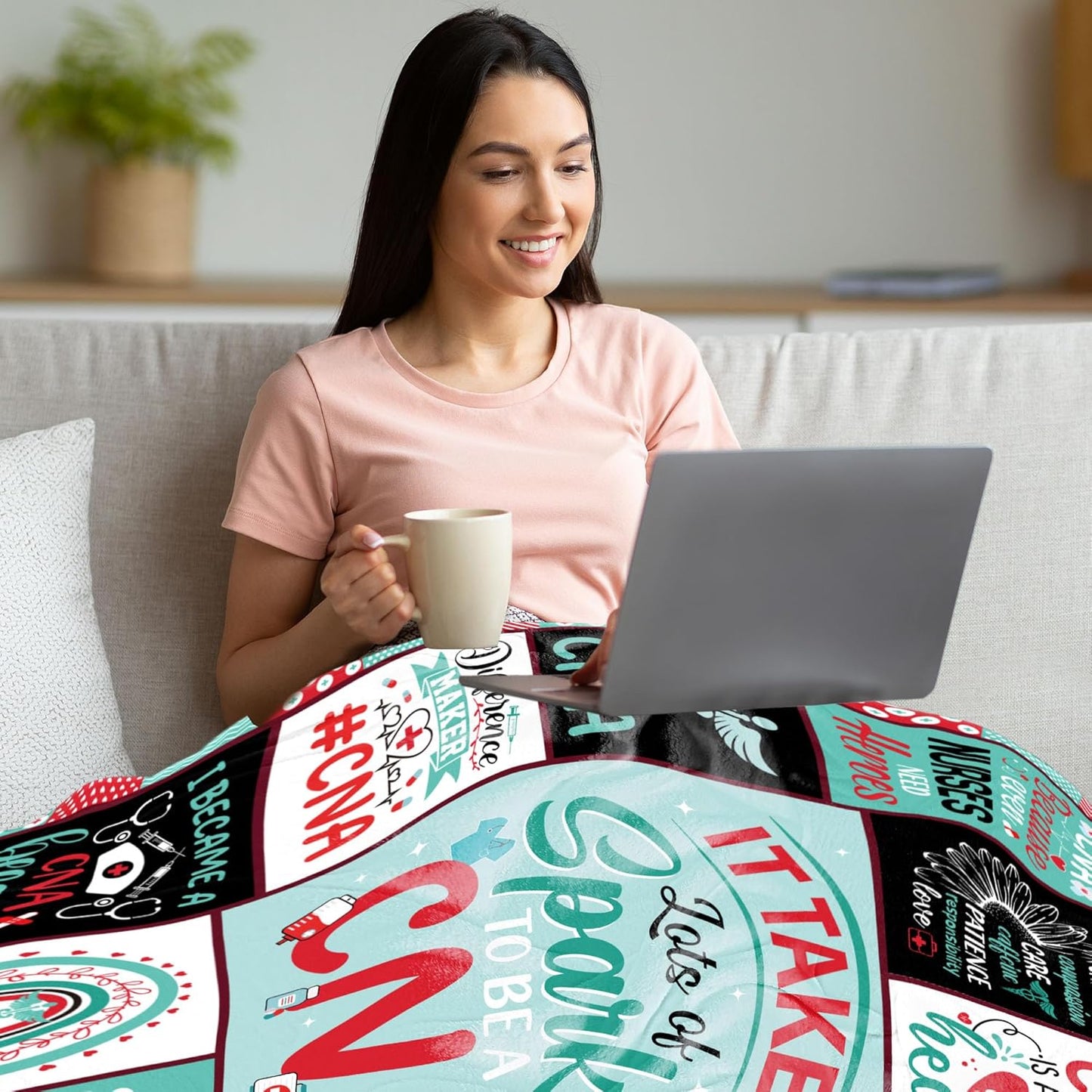 CNA Gifts Throw Blanket, Inspirational Quotes Print Soft Cozy Comfy Teal Flannel Blanket 50x60, Gift for Certified Nursing Assistant, Home Decor for Bed Sofa