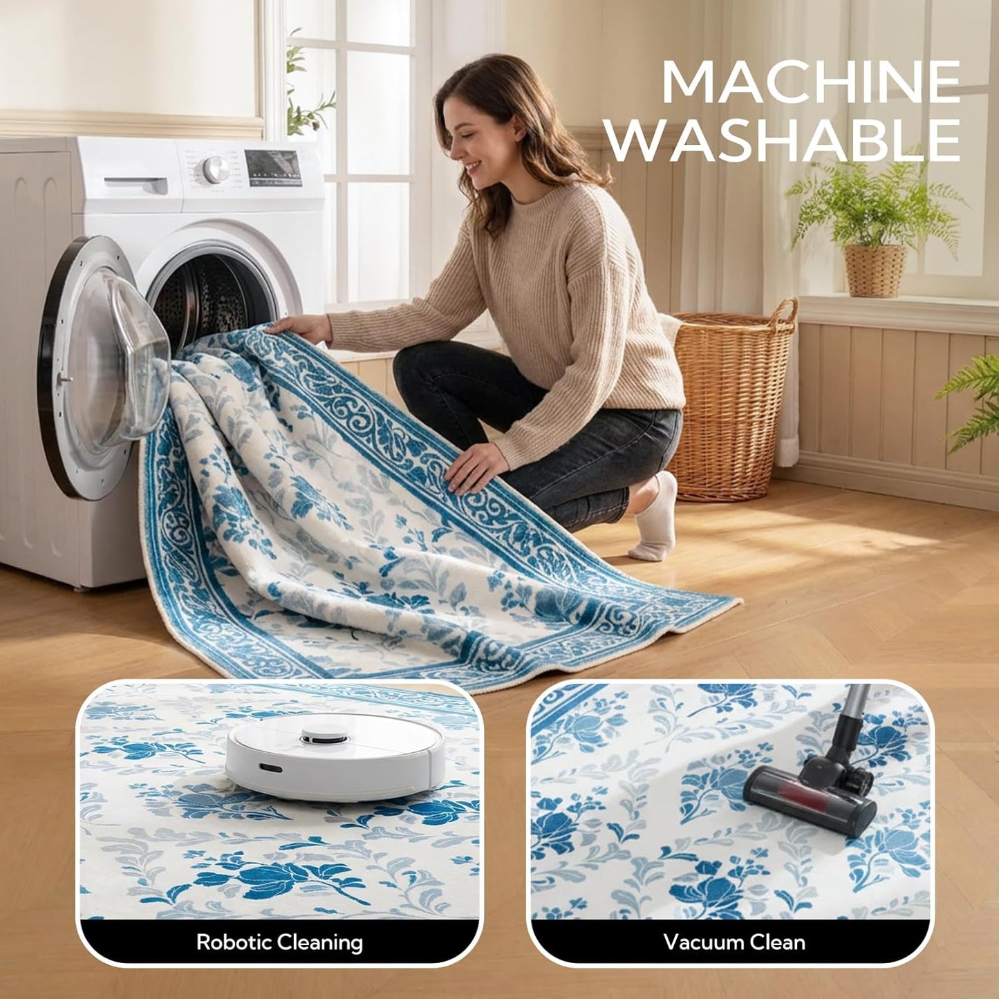 SOULFUL Medium Pile 3x5 Area Rug - Soft Underfoot Small Entryway Rug - Mist Blue Boho Floral - Washable Non-Slip - Perfect for Living Room Bedroom Foot Kids Room Reading Nook