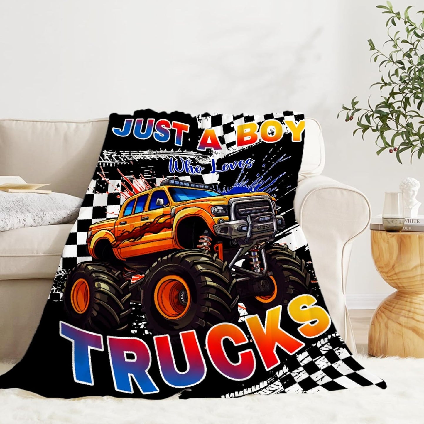 Trucks Blanket, Just A Boy Who Loves Trucks Gifts for Kids, Car Themed Flannel Blankets, Soft Cozy Lightweight Throws Gifts for Truck Lovers & Boys 40x50 Inch for Kid