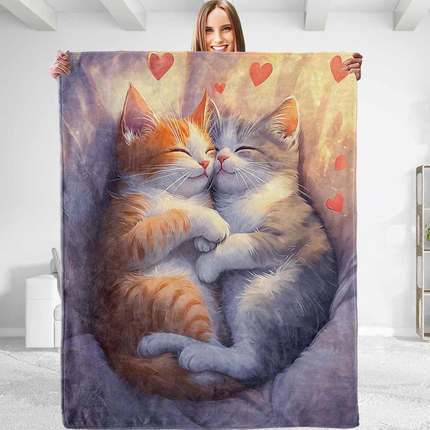 Adorable Cat Couple Blanket,Valentine's Decorative Throw with Cute Kitten and Heart,Lightweight Flannel Blankets for Dorm Living Room Office,Ideal Gifts for Pet Lovers Adults 50"x60"