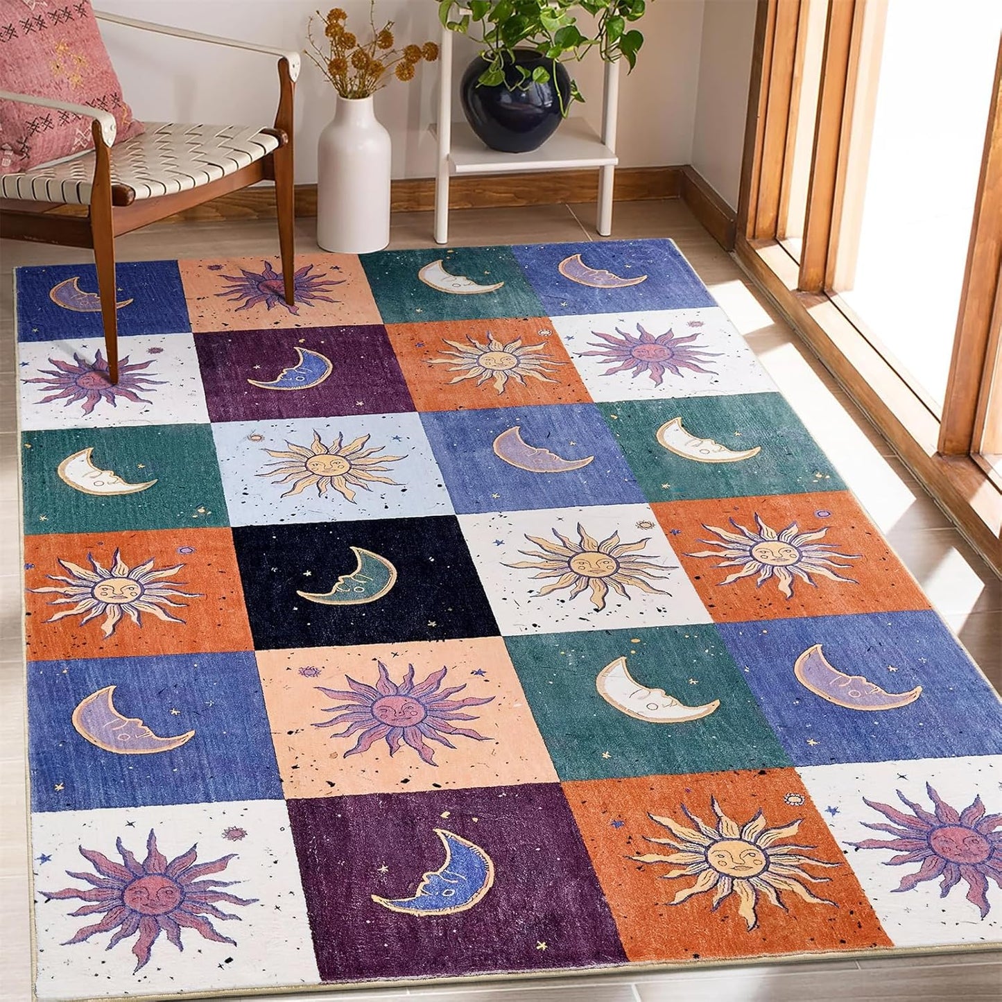 Boho Sun and Moon Washable Rug Ultra Thin, Vintage Mystical Celestial Checkerboard 5x7 Area Rug for Living Room Entryway Kitchen Dorm, Hippie Retro Aesthetic Cute Trendy Indie Bedroom Accent Carpet