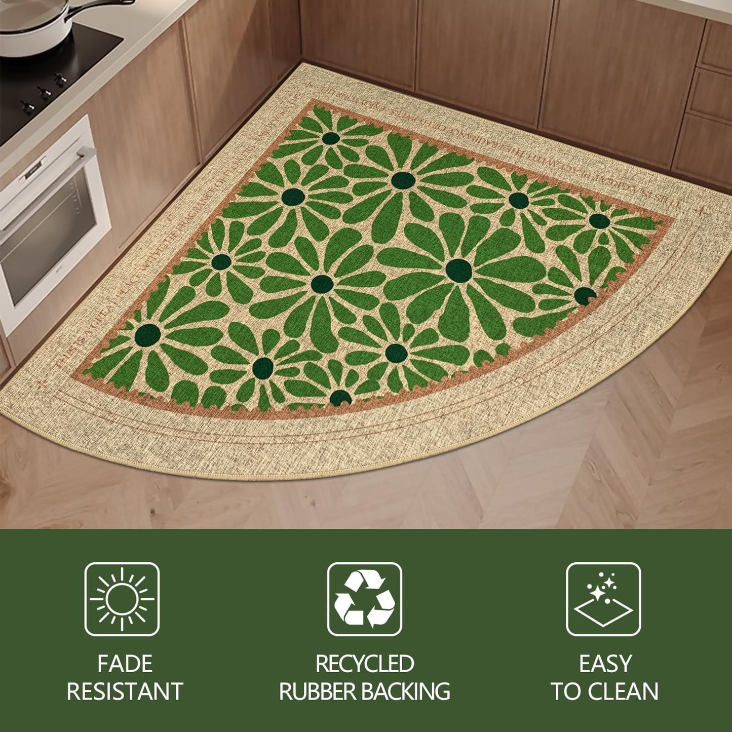 SHIYUE Triangle Corner Rug Kitchen Rugs Washable Non Slip Area Rug Water, Comfort Soft Rubber Standing Sink Mat Bathroom and Bedroom Laundry Mat(32in Green Flower)