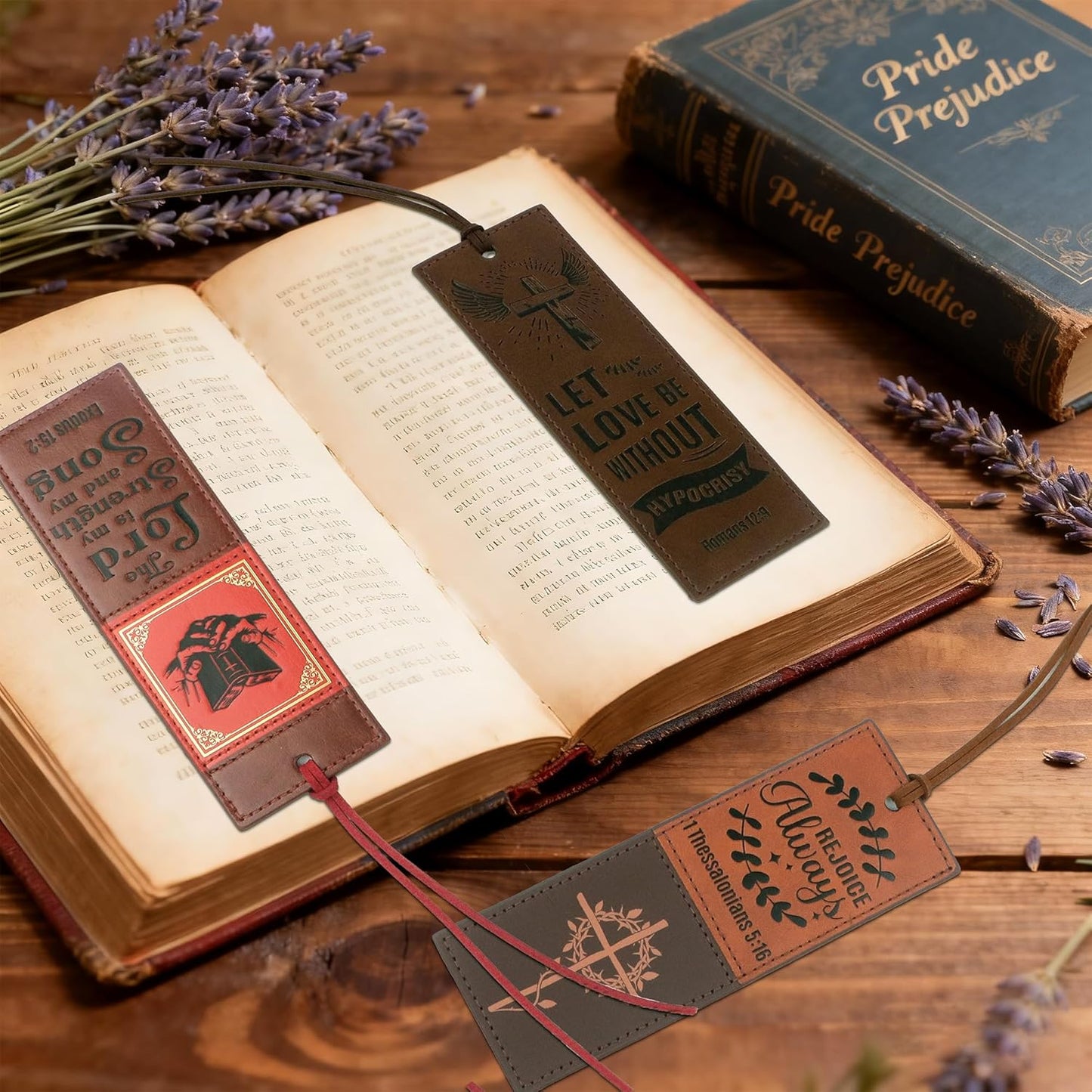 4PCS Leather Bookmark Bible Bookmarks for Reading Women Men Teacher Book Lovers Gifts, Handmade Vintage Religious Christian Bookmark Page Markers Inspirational Bible Verse Scripture Book Marks