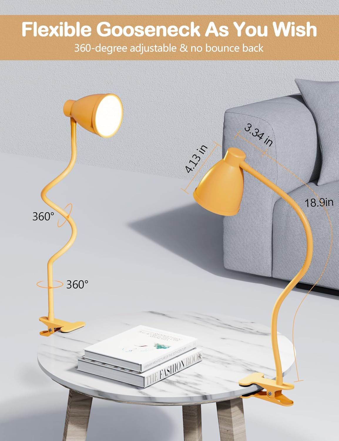 BOHON Clip on Light, 10W 38 LED Desk Lamp with Clamp, 5 Color 10 Brightness Auto Off Timer, Flexible Neck Clip Lamp, Desk Lights for Office Home Bed Bedside Reading, Bright Yellow