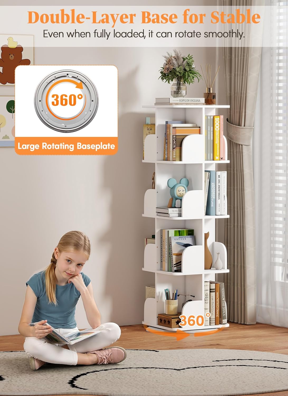 Rotating Bookshelf Tower, 4 Tier Spinning Square Bookshelf for Small Spaces, 360 Display Kids Bookshelves, Revolving Bookcase Floor Standing Storage Rack, White