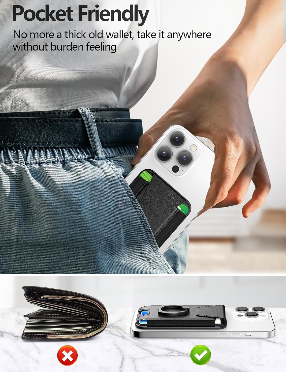 For Magsafe Wallet with Grip, 6-Card Holder, Stronger Magnetic Card Wallet Holder for iPhone 17/16/15, iPhone 14/13/12 Series, Leather Magnetic Phone Wallet with Privacy Flap, RFID Blocking, Black