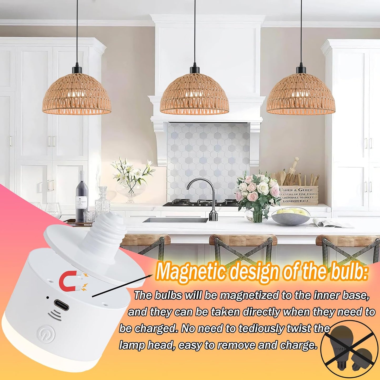 Battery Operated Pendant Light with Remote,Battery Ceiling Lights No Wiring,Battery Chandelier with RGB Rechargable Light Bulbs 50hrs Battery Life,2 Pack Rattan Boho Hanging Light for Kitchen Island