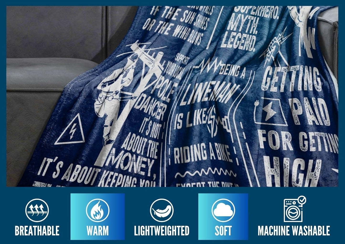 Lineman Funny Gifts, Bed Flannel Plush Blankets Throw, for Electrician, Dad, Husband, Father's Day, Christmas, Birthday (50"x 65")