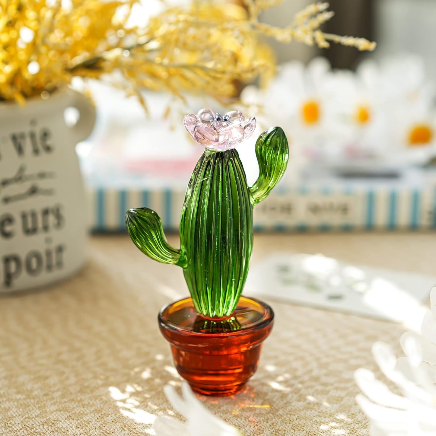 4.3inch Handmade Blown Glass Art Cactus Figurine Crystal Cactus Decor Ornaments Collectibles Glass Home Tabletop Simulation Plants Decoration Ornaments Gift for Mum Women