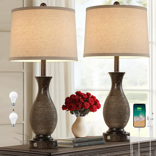 28" Rustic Farmhouse Lamps for Living Room Set of 2 Bedside Table Lamps for Bedroom Nightstand with USB A+C Charging Ports, 3-Way Dimmable Touch Lamp, Brown, Linen Lampshade, LED Bulbs Included