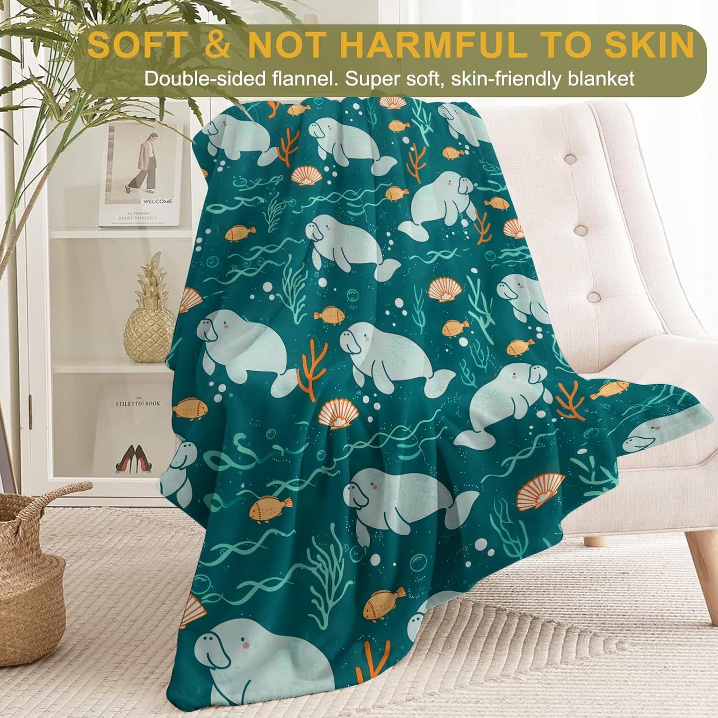 Playful Manatee Flannel Blanket - Cute Ocean-Themed with Sea Life Dark Green Throw Whimsical Woodland Style - Lightweight Soft Cozy Gifts Blankets for Kids Adult,Modern Home Room Decor 50x60in