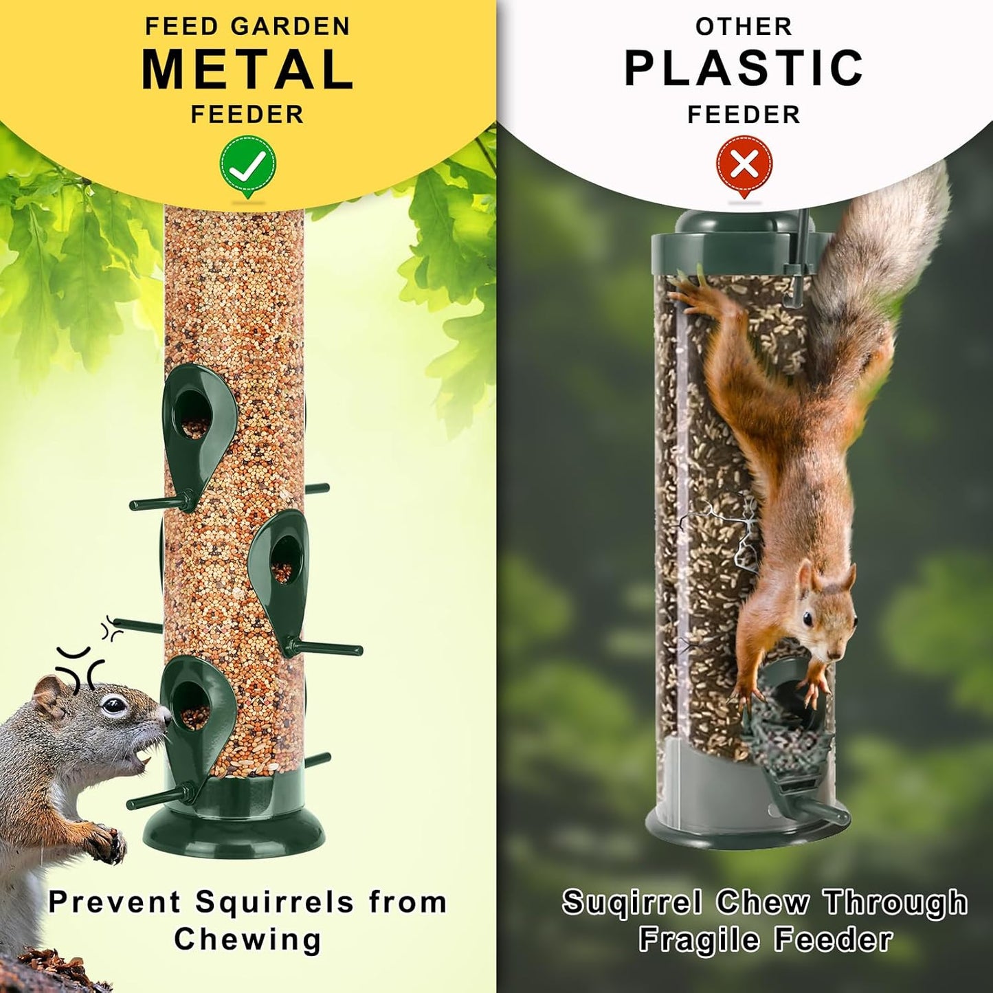 FEED GARDEN Metal Bird Feeder - 6 Port Tube Feeder for Outdoors, Heavy Duty Squirrel Proof with Metal Lid, Easy Fill & Clean, Weather Resistant, 13 Inch