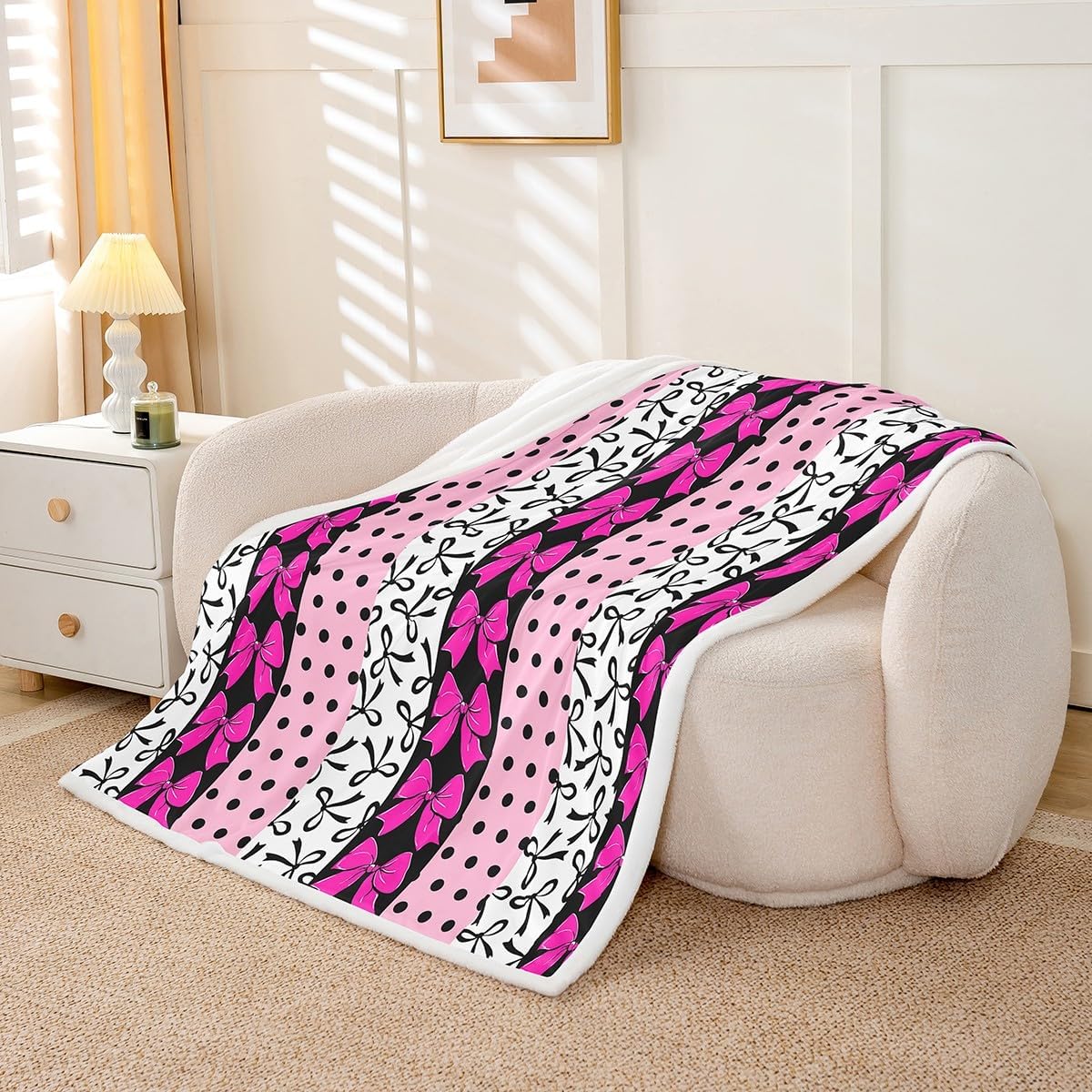 Feelyou Cute Bow Fleece Throw Blanket 40"x50" Bowknot Sherpa Blanket for Bed Sofa Couch Boys Girls Teens Girls Bow Plush Blanket Women Men Rose Pink White Black Fuzzy Blanket