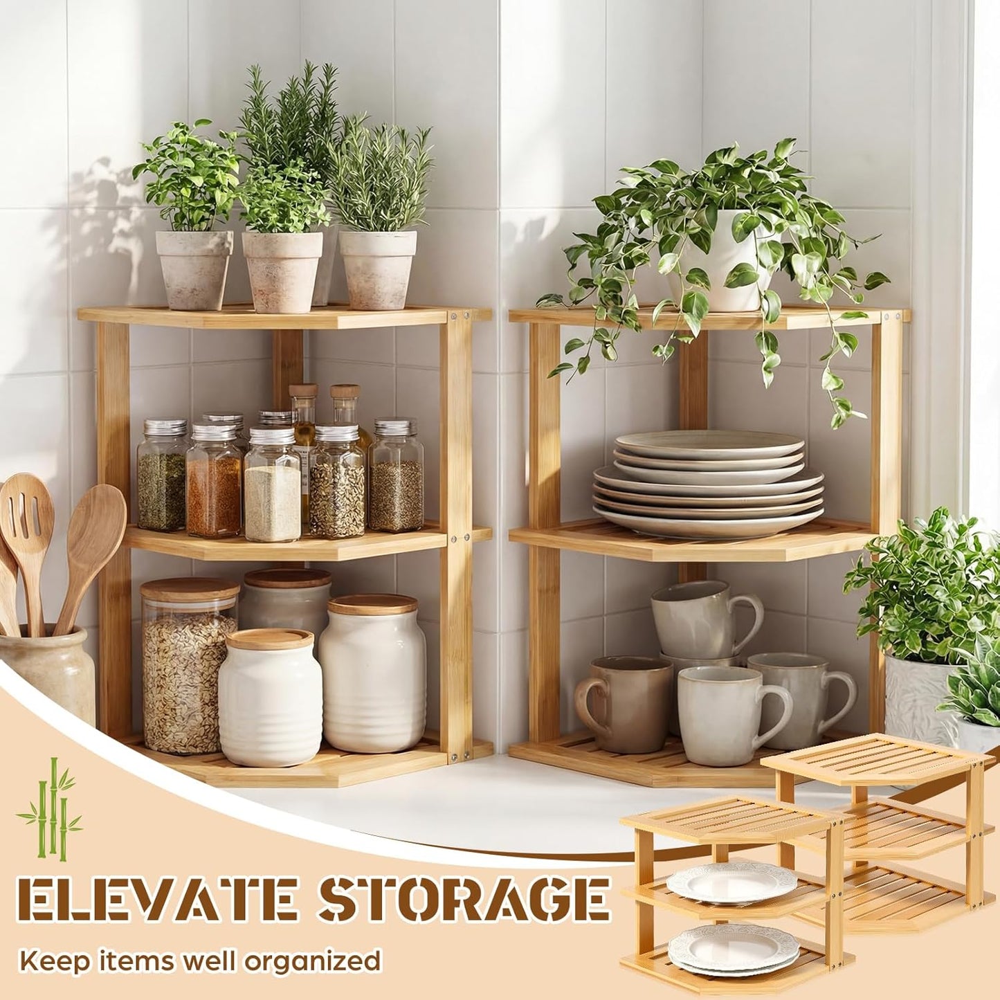 2 Pcs Corner Bamboo Shelf, Kitchen Cabinet Organizer Bamboo Bookshelf, Organizer Kitchen Shelves, Corner Cabinet Rack, Storage Shelves for Pantry Bathroom Dining Room Study Laundry