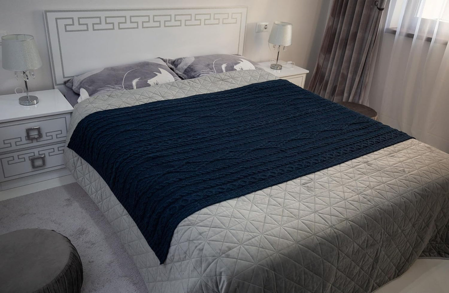 SAOL Bed Cable Throw Blanket 100% Fisherman Wool Made in Ireland 66.93" L x 45" W (Ocean Blue)