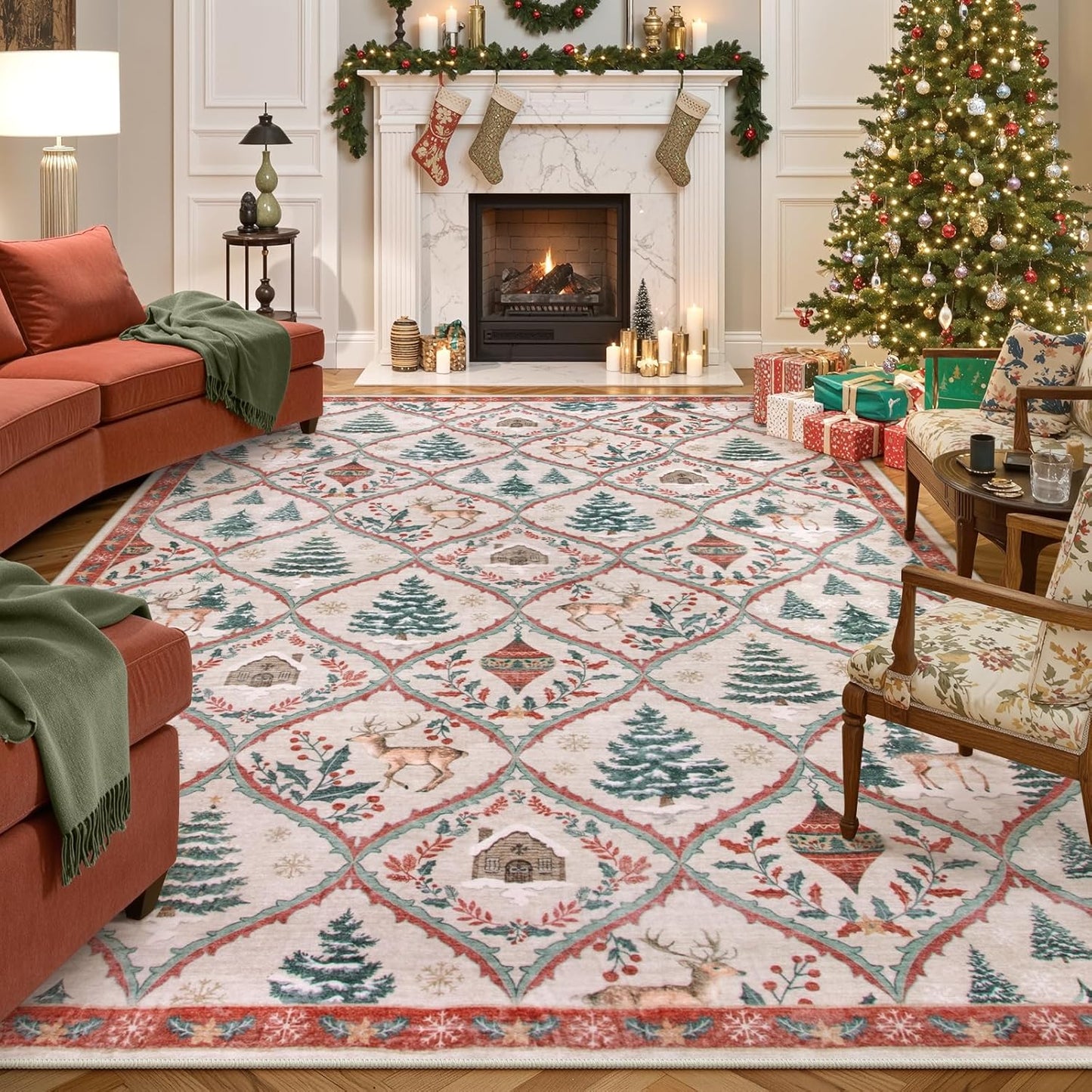 Lahome Christmas 8x10 Rugs for Living Room, Soft Christmas Bedroom Rug Print Reindeer Tree Carpet, Stain Resistance Non Shedding Indoor Carpet for Office Dining Room Xmas Decor (Beige/Red)