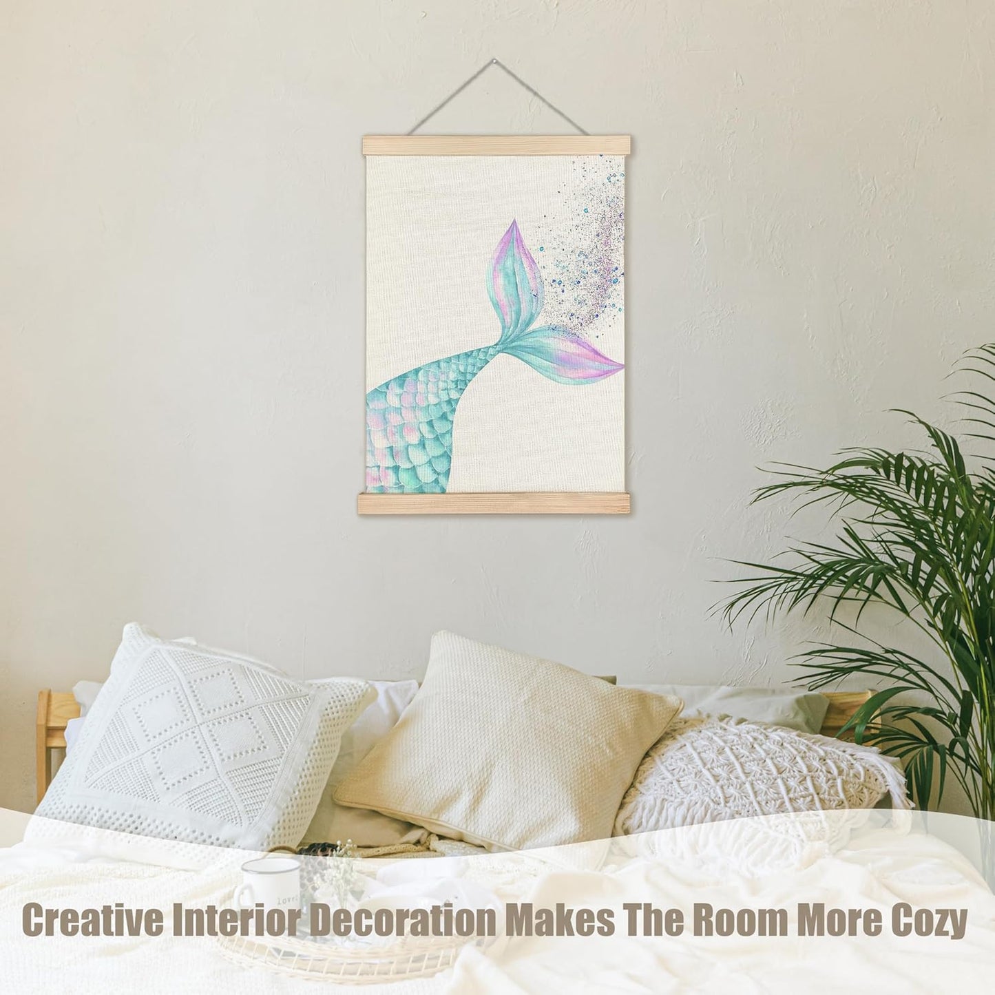 WUCHJ Blue Beach Mermaid Wall Art Poster 12x16 Inch, Beachy Room Decor Aesthetic, Coastal Glitter Blue Mermaid Tail Hanging Wall Decor Canvas Prints for Girls Dorm Bathroom Nursery Bedroom Apartment