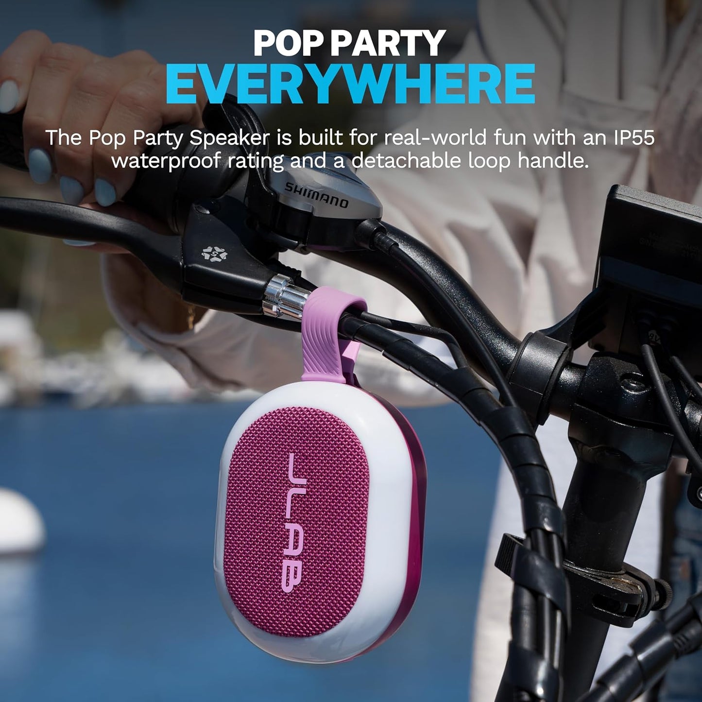 JLab Pop Party Portable Bluetooth Speaker, Mulberry, 8+ Hours of Playtime, IP55 Waterproofing, Detachable Loop Handle, Customizable RGB LED Lighting, Lab Sync Up to 100 Speakers, Custom Sound in-App