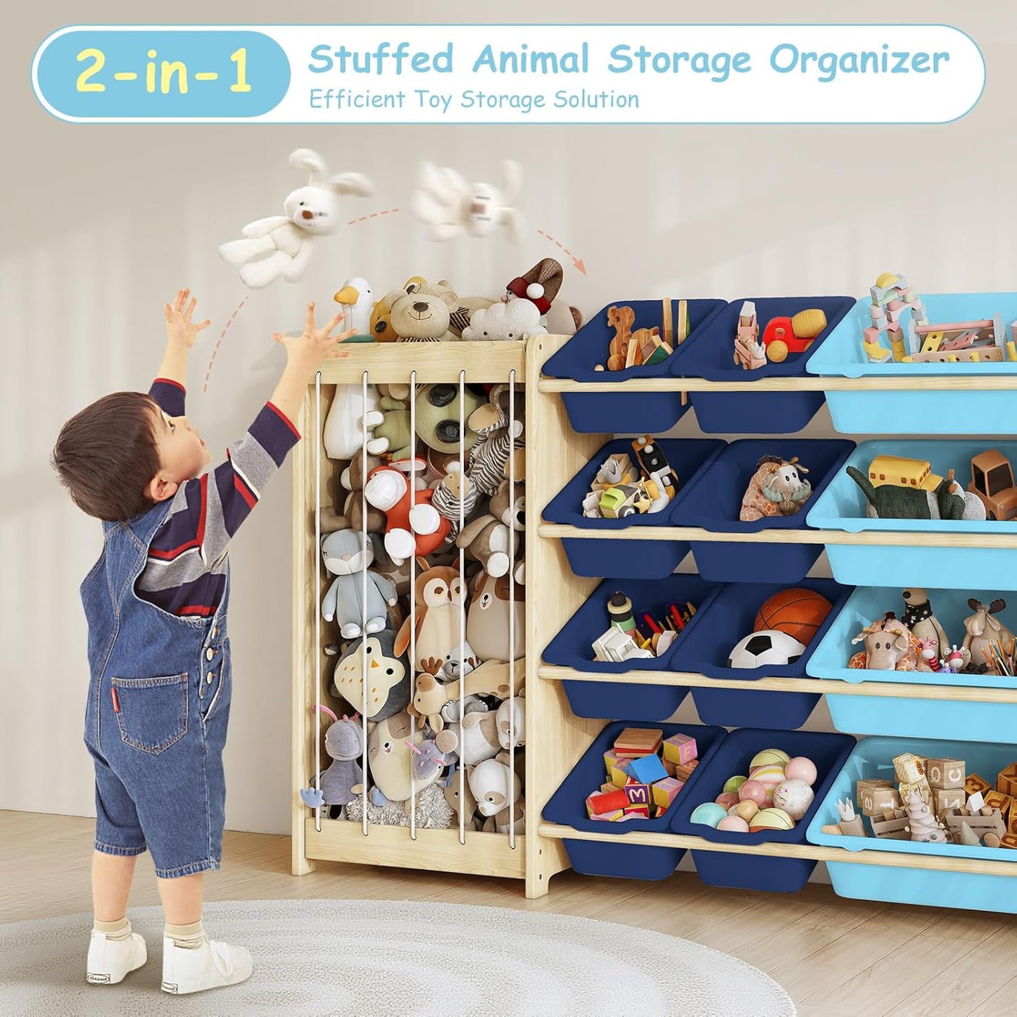 Kids Toy Storage Organizer, 2-in-1 Stuffed Animal Storage & Toy Organizer w/12 Bins, Solid Wood Toy Rack Featuring Thicker Elastic Ropes, Playroom Nursery Bedroom Storage, Blue
