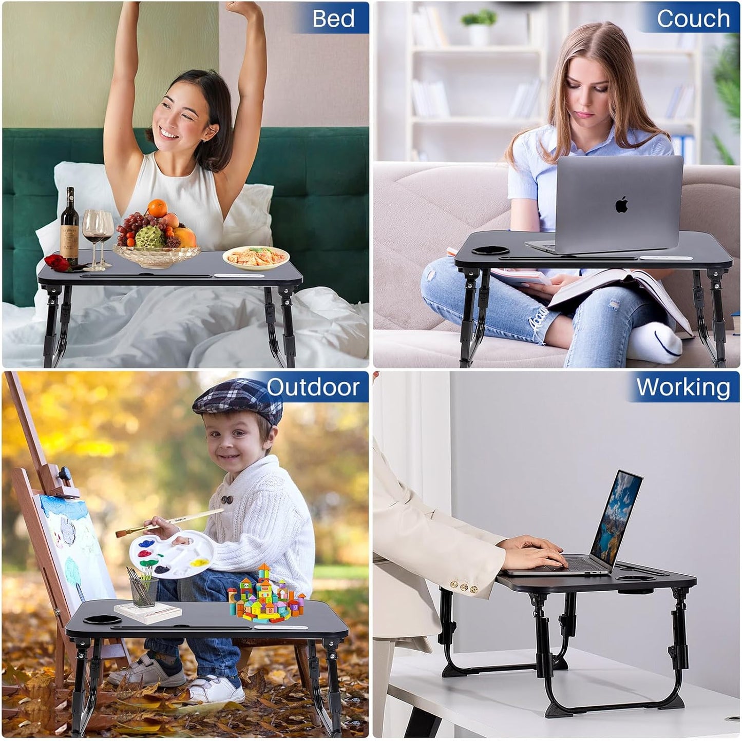 BYMECOST Laptop Desk for Bed, Height Adjustable Laptop Bed Table, Foldable Portable Lap Desk Stand with USB/Storage Drawer/Cup Holder/Slot, Breakfast Tray for Working Reading Writing Eating