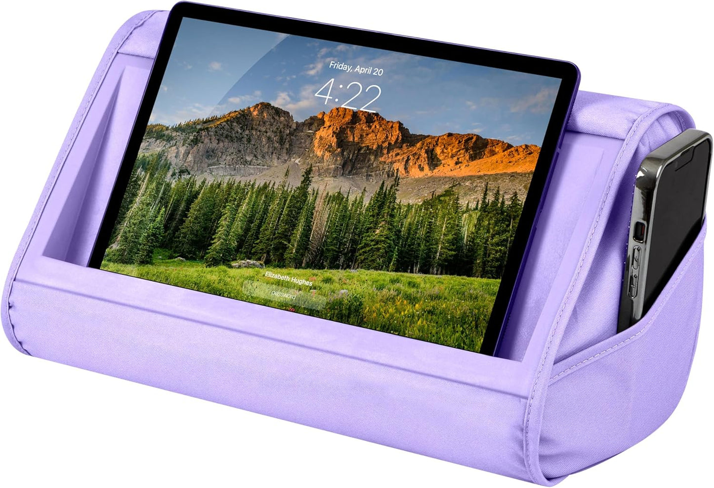 LAPGEAR Tablet Pillow Stand - 11" Slot for iPads, Galaxy Tabs, Kindles, E-Readers & Phones | Cushioned Holder with Storage Pocket & Handle | Purple Amethyst - Style No. 33102