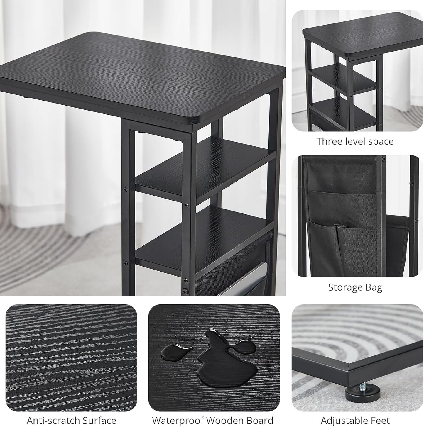 C Shaped End Table 28"(H) 3-Tier C Table with Storage Bag, Under Couch Table C-Shaped End Table with Storage Shelves and Bag for Living Room, Bedroom, or Office