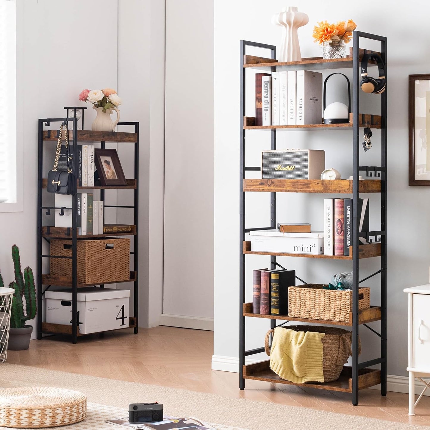 6-Tier Adjustable Open Bookcase — Industrial Wood & Black Metal, Rustic Farmhouse