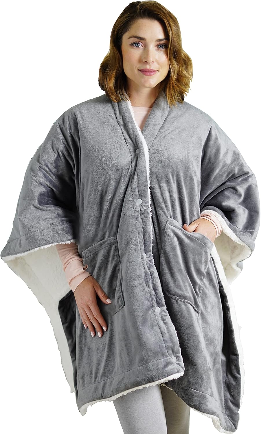 Pure Enrichment PureRelief Plush Heated Shawl - 4 InstaHeat Settings, Wearable Design with Snap Closures, Deep Pockets, Soft Micromink & Sherpa Fabric, Auto Shut-Off Timer, & Machine Washable