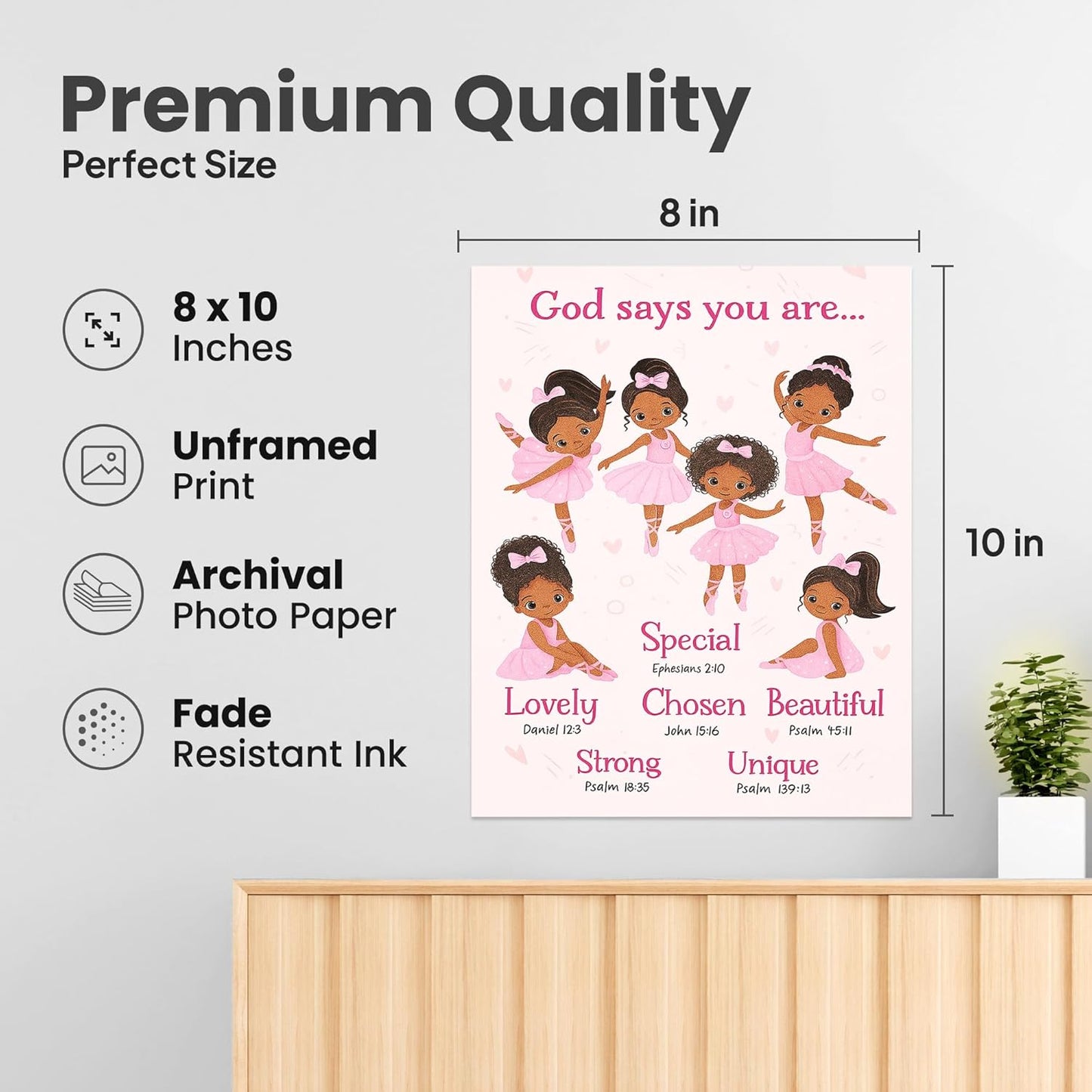ZUKIY Ballerina Blessings - Who God Says You Are - Black Ballerina Wall Art - Ballerina Room Decor for Girls - Ballerina Bedroom Decor - Pink Afro Girl Poster - God Daughter Gifts - Unframed 8x10