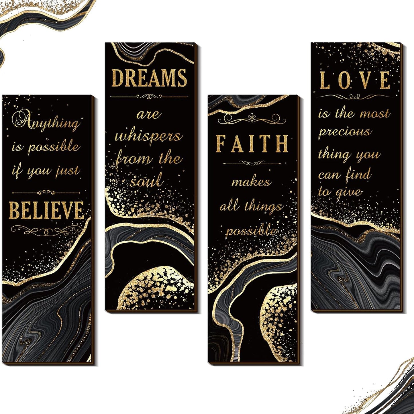 Chitidr 4 Pcs Golden Bathroom Wall Decor Inspirational Quote Wooden Sign Gold Art Signs Love Faith Believe Dream Wall Decor for Living Room Bathroom Accessories(14.17 x 4.72 Inch,Black and Gold)