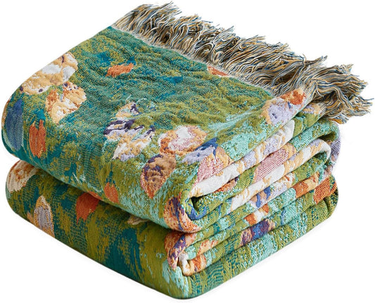 Boho Throw Blanket - 100% Cotton Throw Blankets for Bed Couch, 50"x60" Soft Muslin Lightweight Spring Throw Blanket, Cozy Floral Plant Printed Bohemain Bedding Decor Green Throw Quilt
