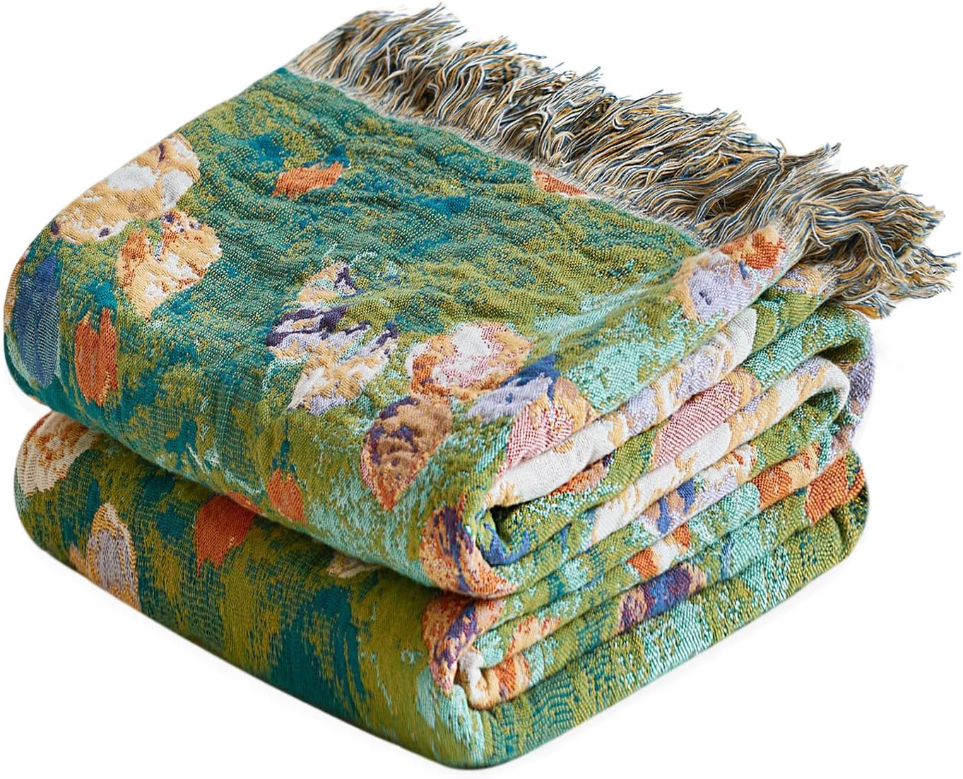 Boho Throw Blanket - 100% Cotton Throw Blankets for Bed Couch, 60"x80" Soft Muslin Lightweight Spring Throw Blanket, Cozy Floral Plant Printed Bohemain Bedding Decor Green Throw Quilt