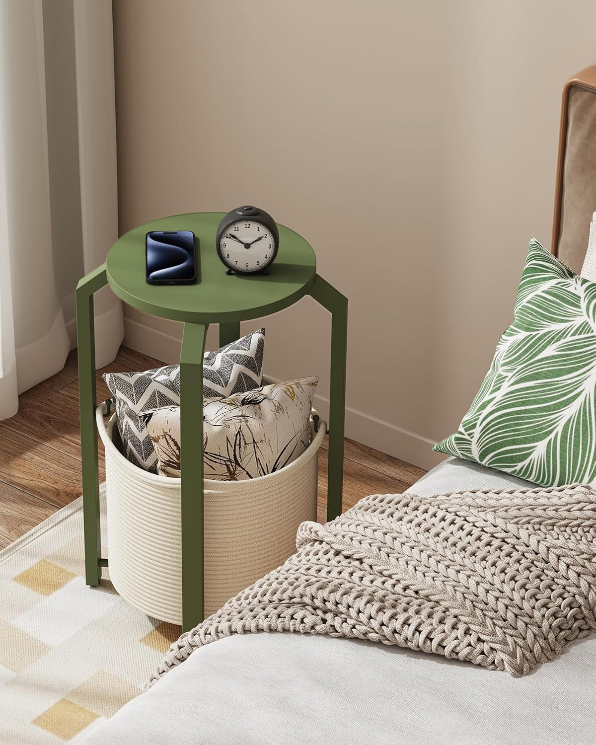 TUTOTAK Small Side Table, Round End Table, Night Stand, Bedside Table, Sofa Table with Storage Basket, Living Room, Bed Room, Olive Green TB01BOG092