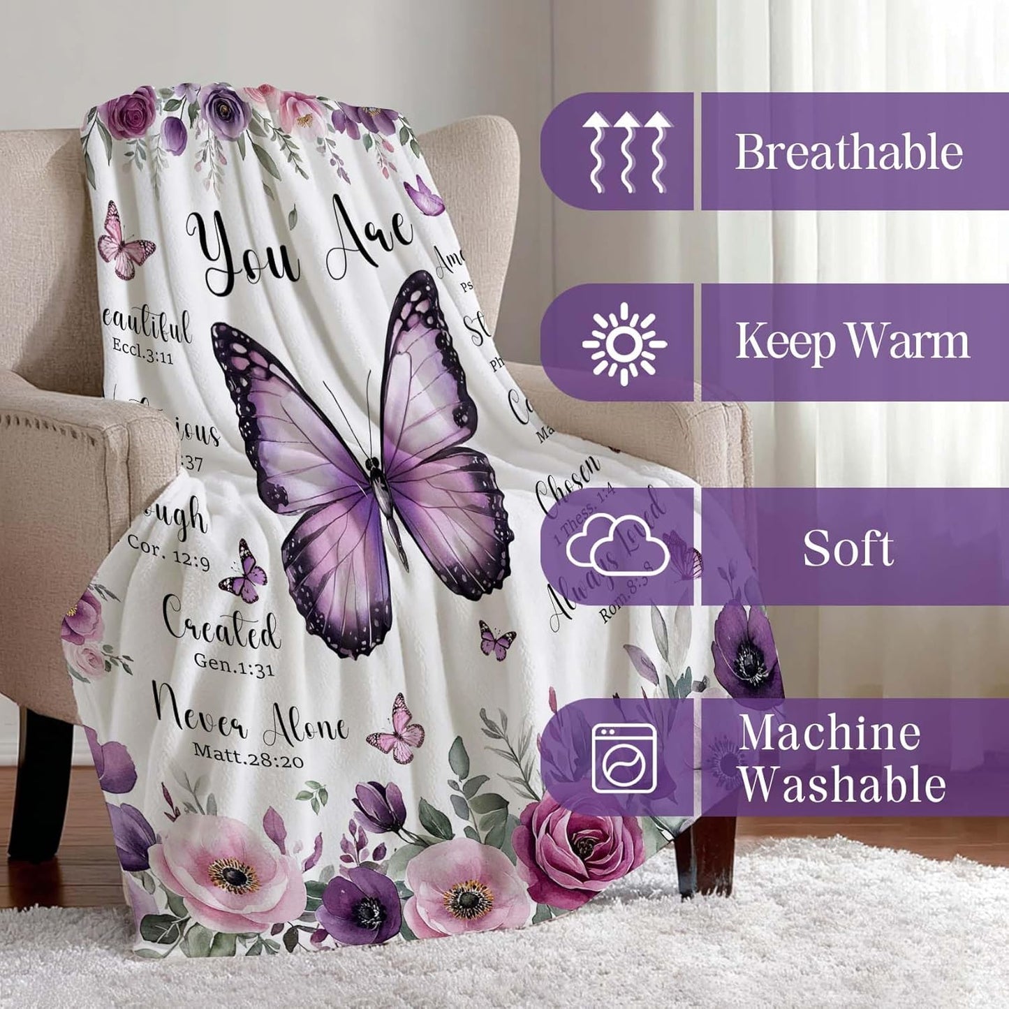 MASLEK Purple Butterfly Floral Blanket Soft Flannel Throw with Inspirational Quote Cozy Gift for Women Girls Bedroom Living Room Home, 50x60 Inch