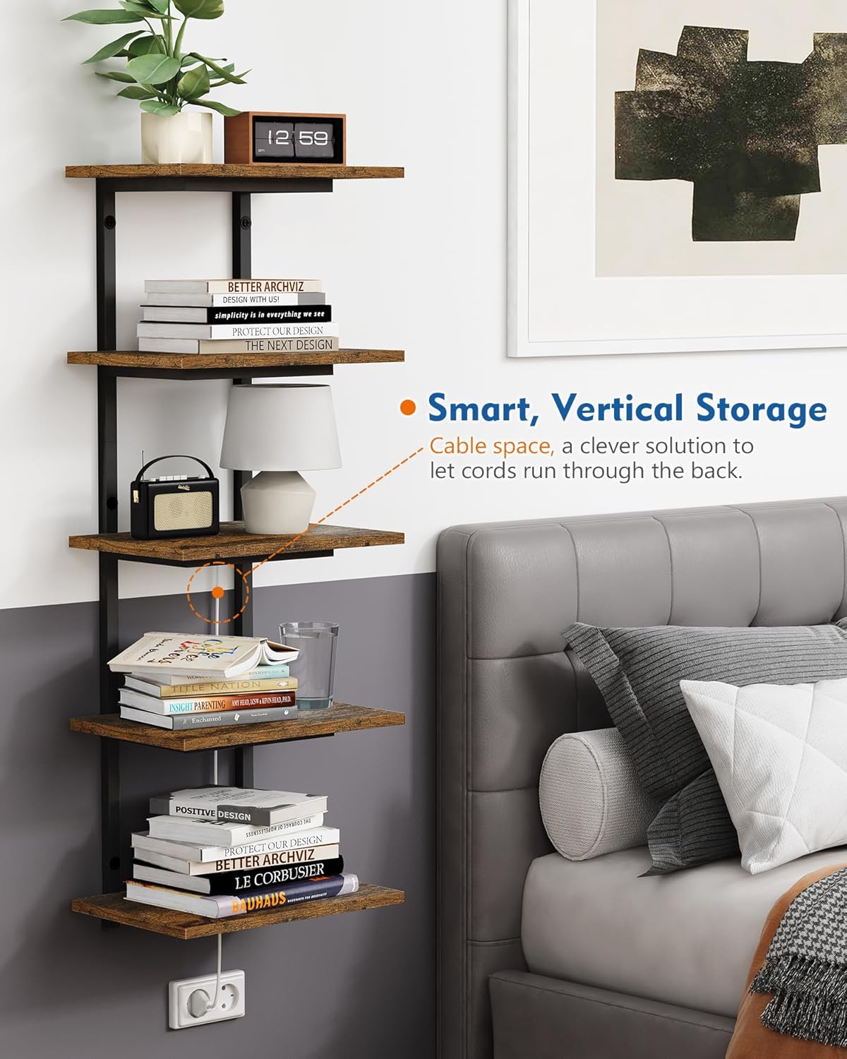 5 Tier Wall Bookshelf Unit for Bedroom Books, Large Floating Book Shelves Wall Mounted, Rustic Wood Lack Tiered Hanging Shelf for Kitchen Office Living Room Corner (Dark Brown)