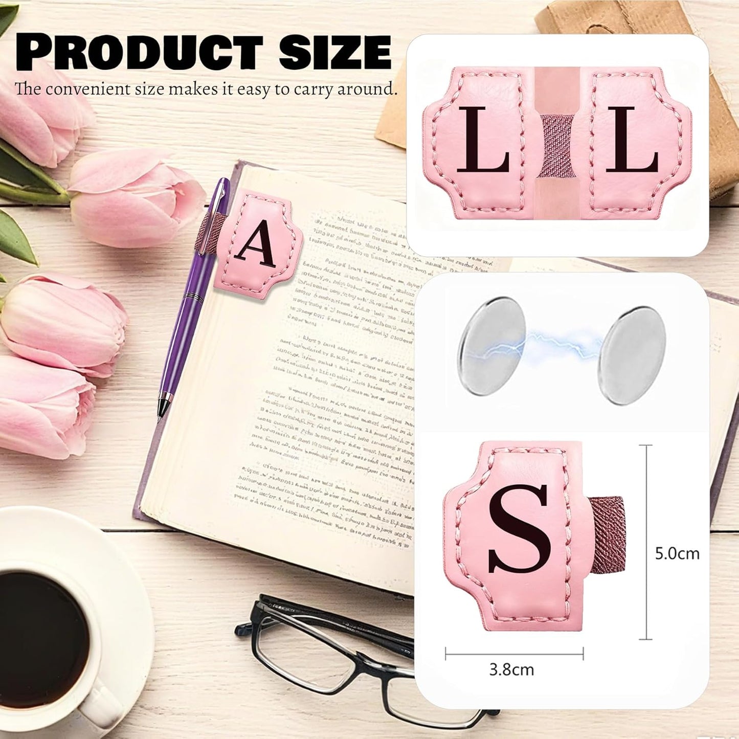 Personlized Magnetic Leather Bookmarks with Pen Holder, Customized Book Marks Clip 26 Letters Bookmark for Reading Women, Men, Cute Initials Book Markers for Book Lovers (Red, A)